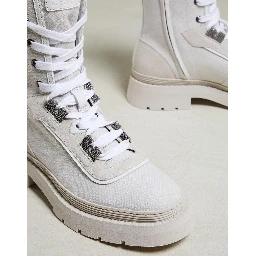 Beige Cotton Lace-Up Boots