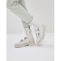 Beige Cotton Lace-Up Boots