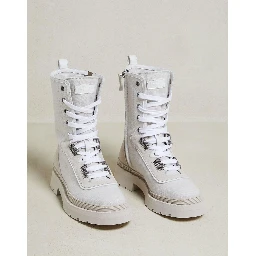 Beige Cotton Lace-Up Boots