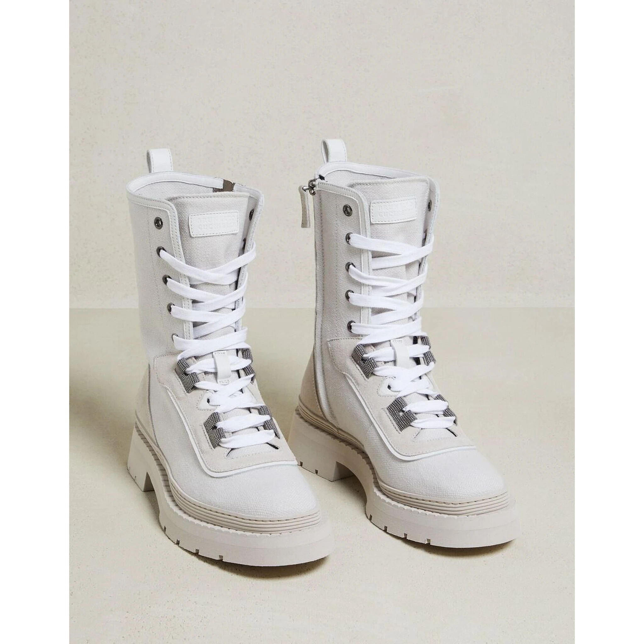 Beige Cotton Lace-Up Boots