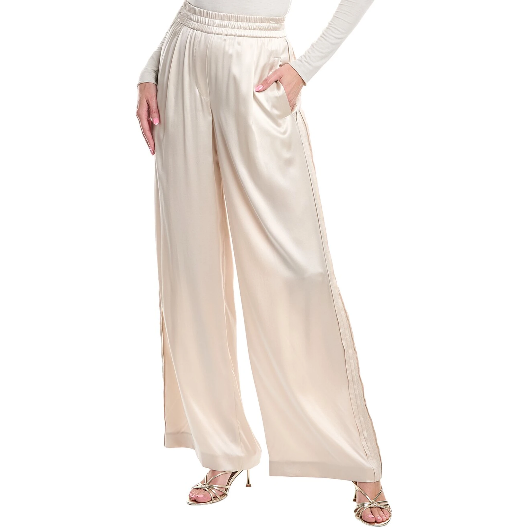 Beige Silk Casual Pants