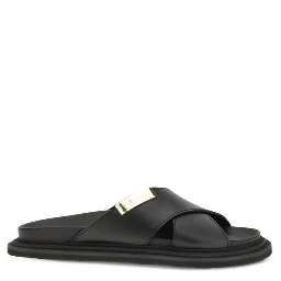 Black Calf Leather Bos Taurus Flat Sandals