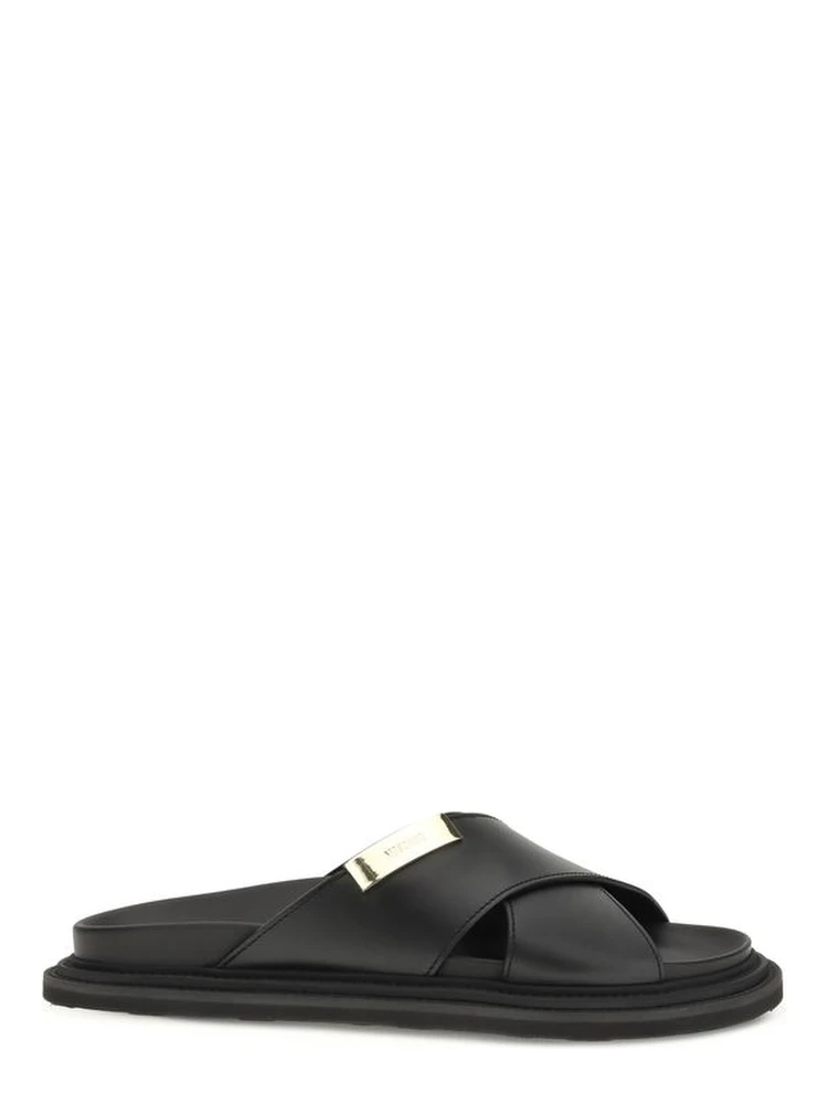 Black Calf Leather Bos Taurus Flat Sandals