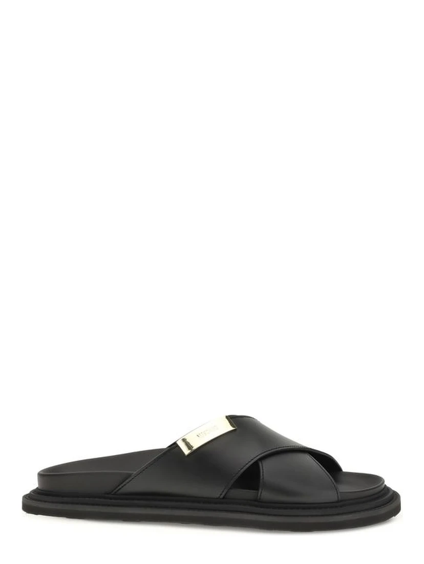 Black Calf Leather Bos Taurus Flat Sandals
