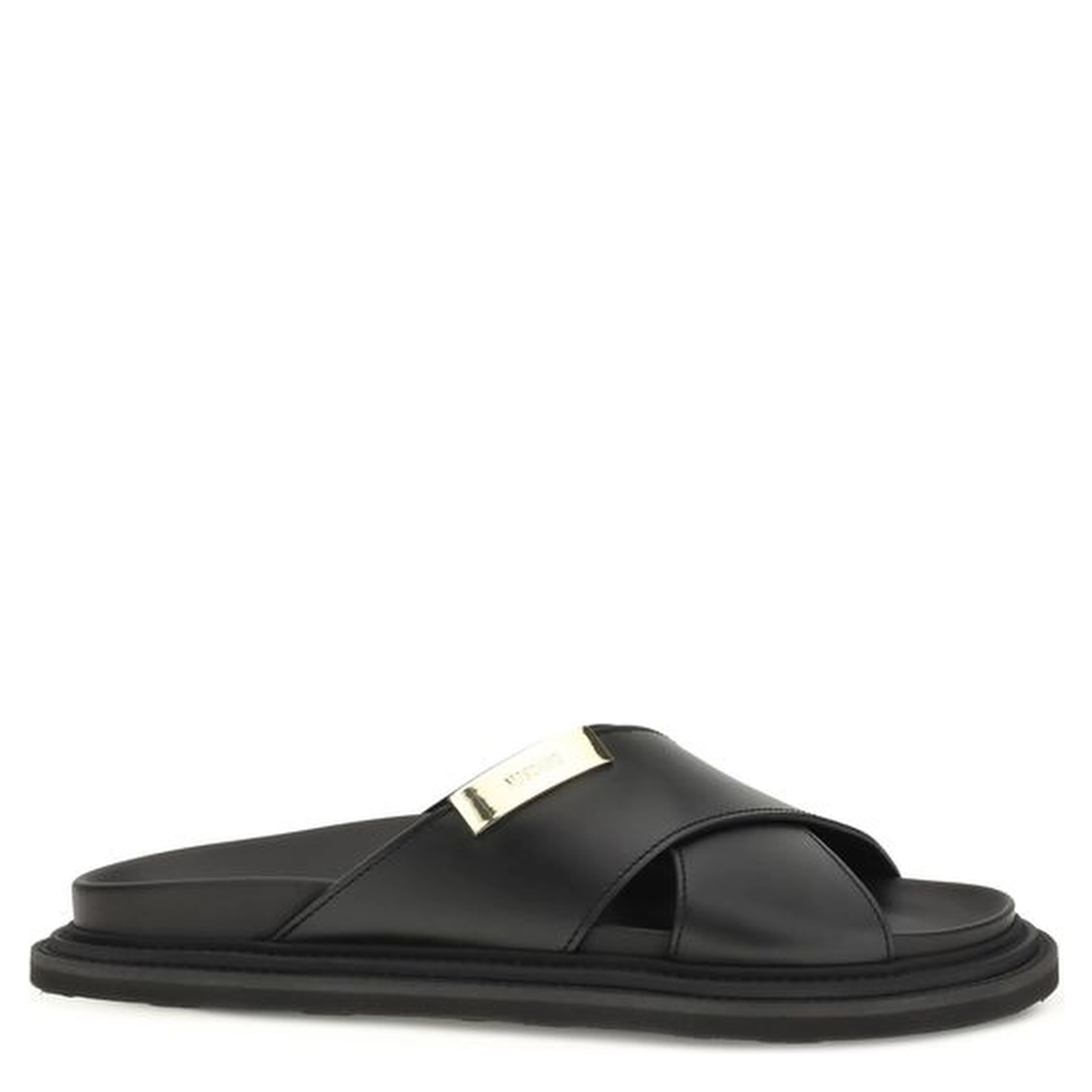 Black Calf Leather Bos Taurus Flat Sandals