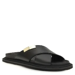 Black Calf Leather Bos Taurus Flat Sandals