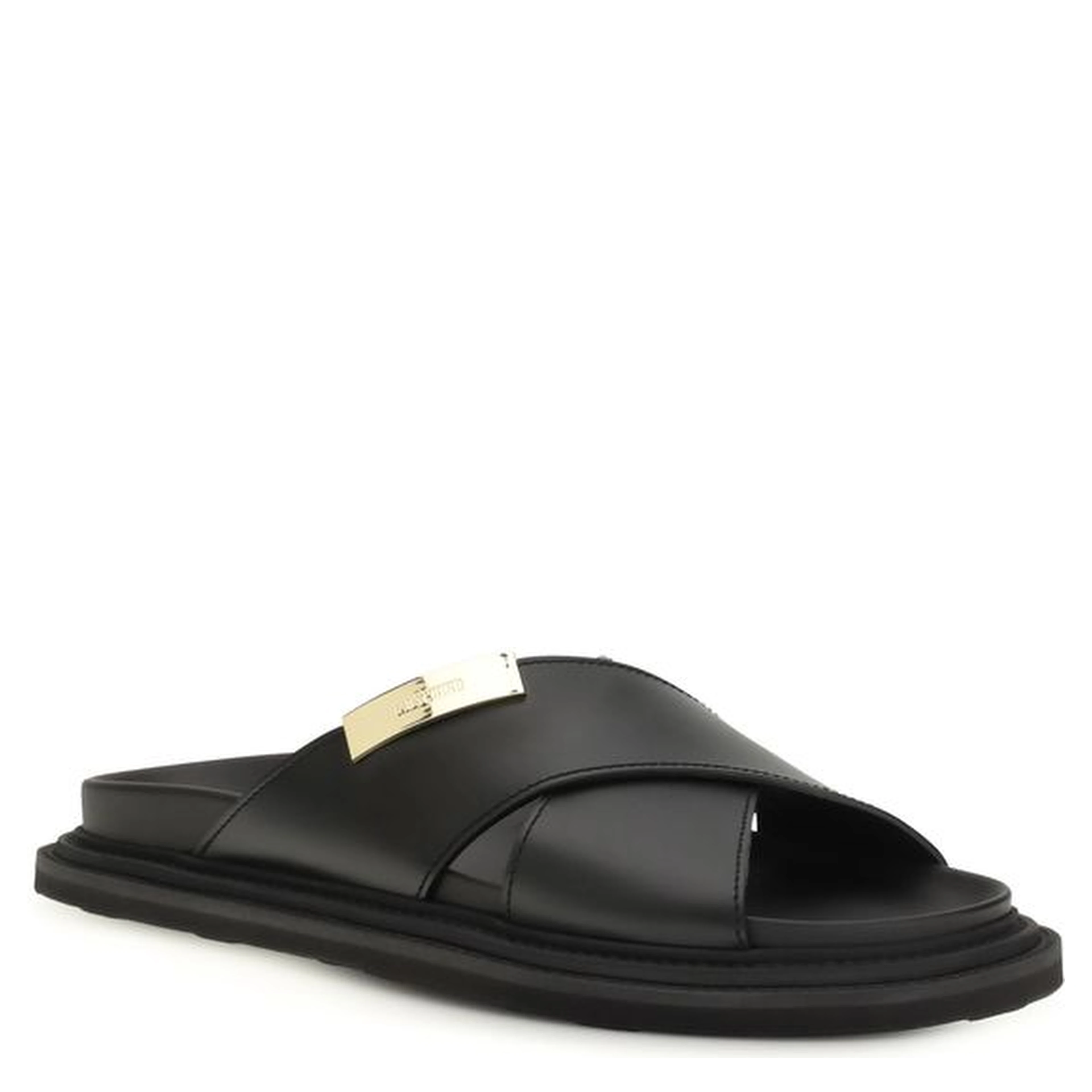 Black Calf Leather Bos Taurus Flat Sandals