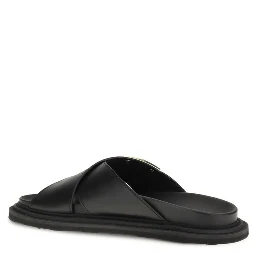 Black Calf Leather Bos Taurus Flat Sandals