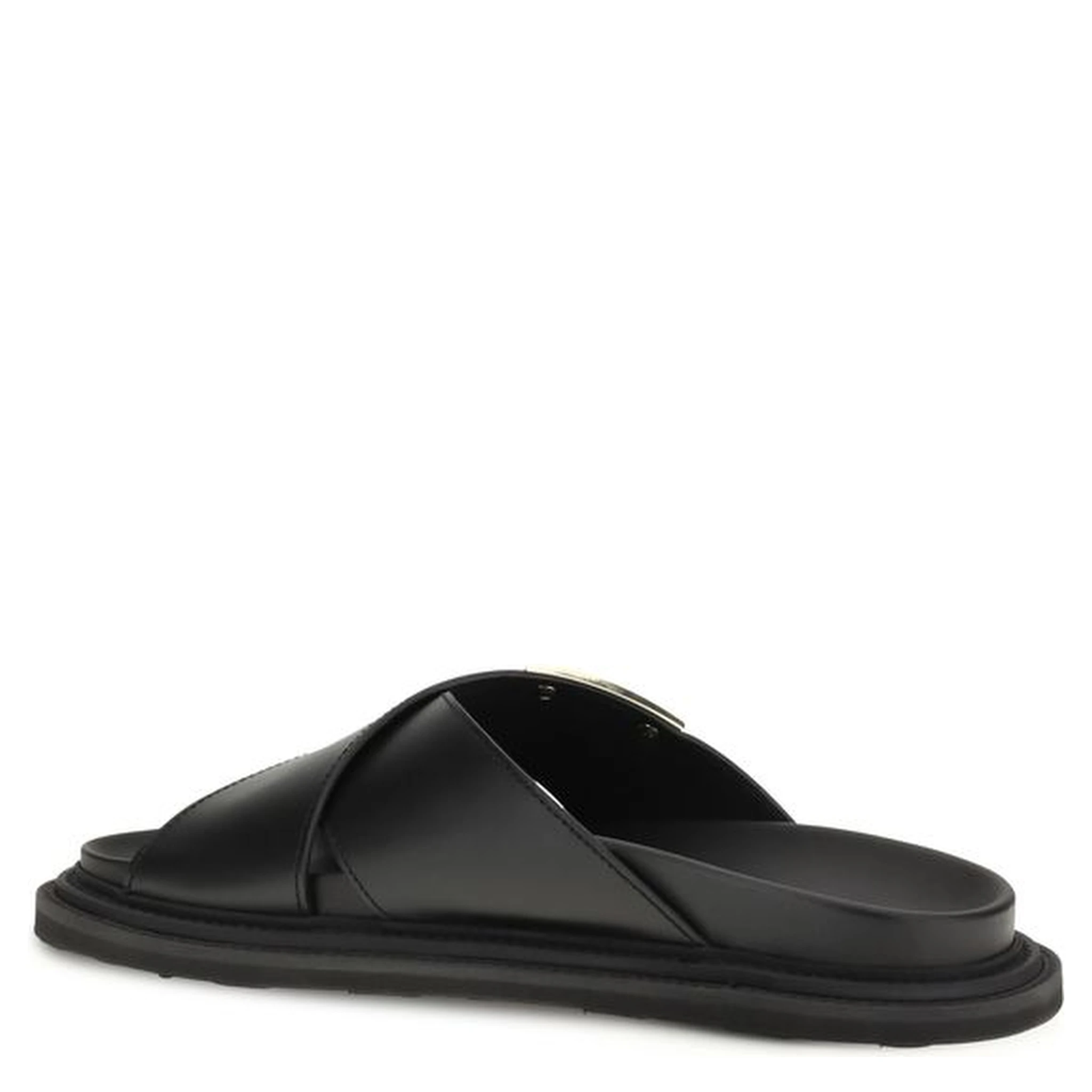 Black Calf Leather Bos Taurus Flat Sandals