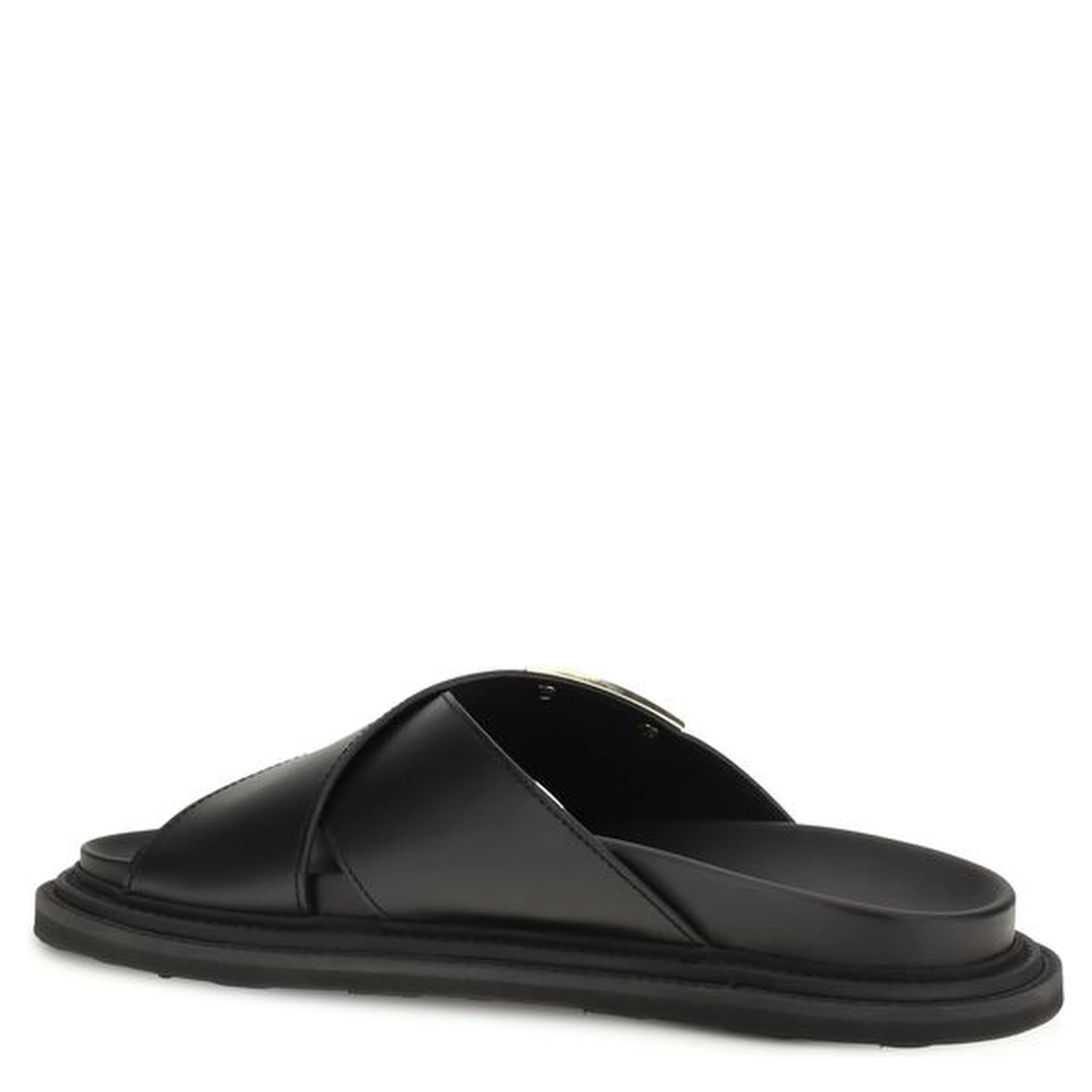 Black Calf Leather Bos Taurus Flat Sandals