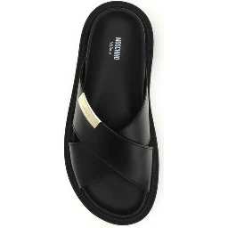 Black Calf Leather Bos Taurus Flat Sandals