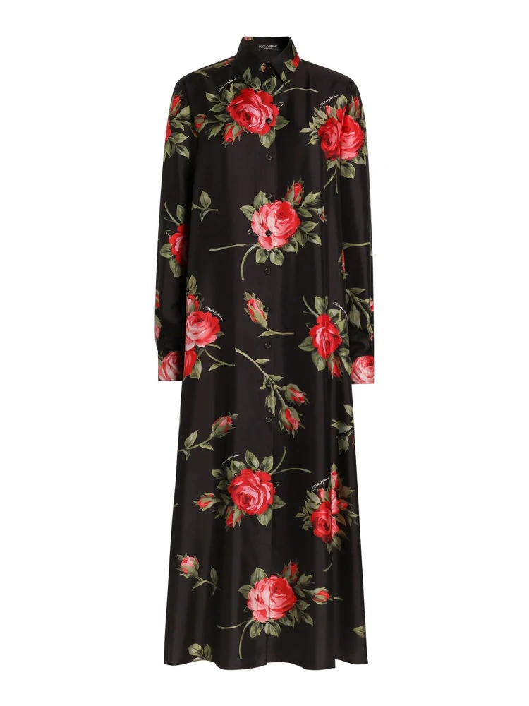 ROSE BOUQUET PRINT TWILL LONG DRESS