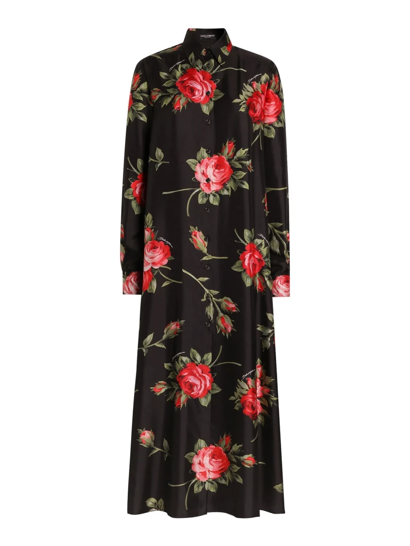 ROSE BOUQUET PRINT TWILL LONG DRESS
