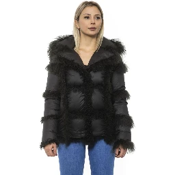 Black Poly Jacket with Lamb Fur Hood for Women