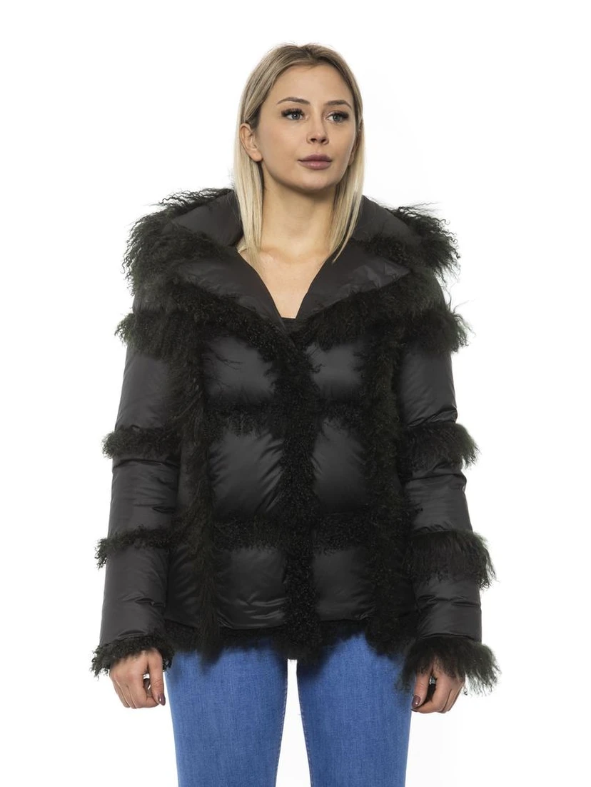 Black Poly Jacket with Lamb Fur Hood for Women