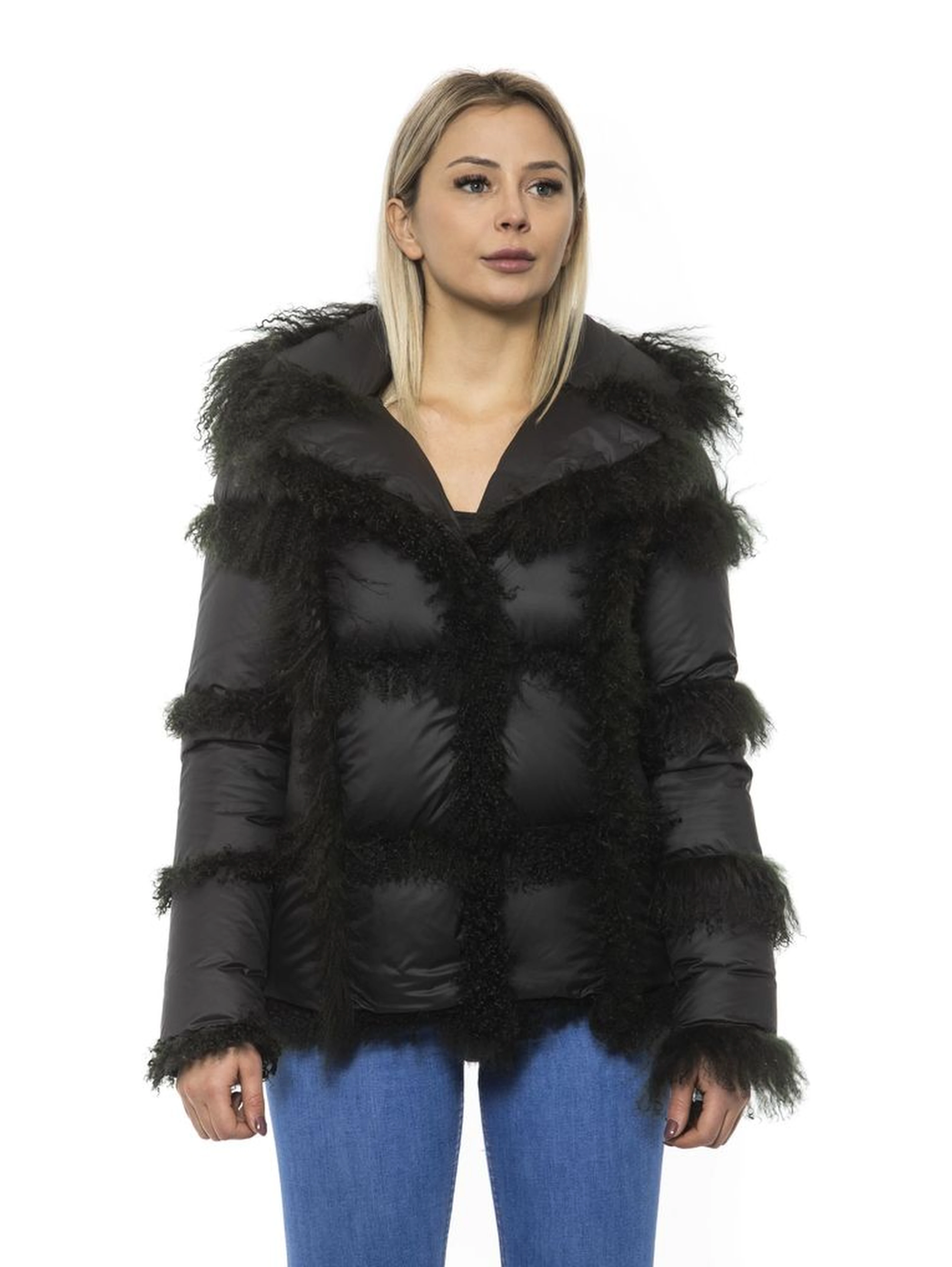 Black Poly Jacket with Lamb Fur Hood for Women