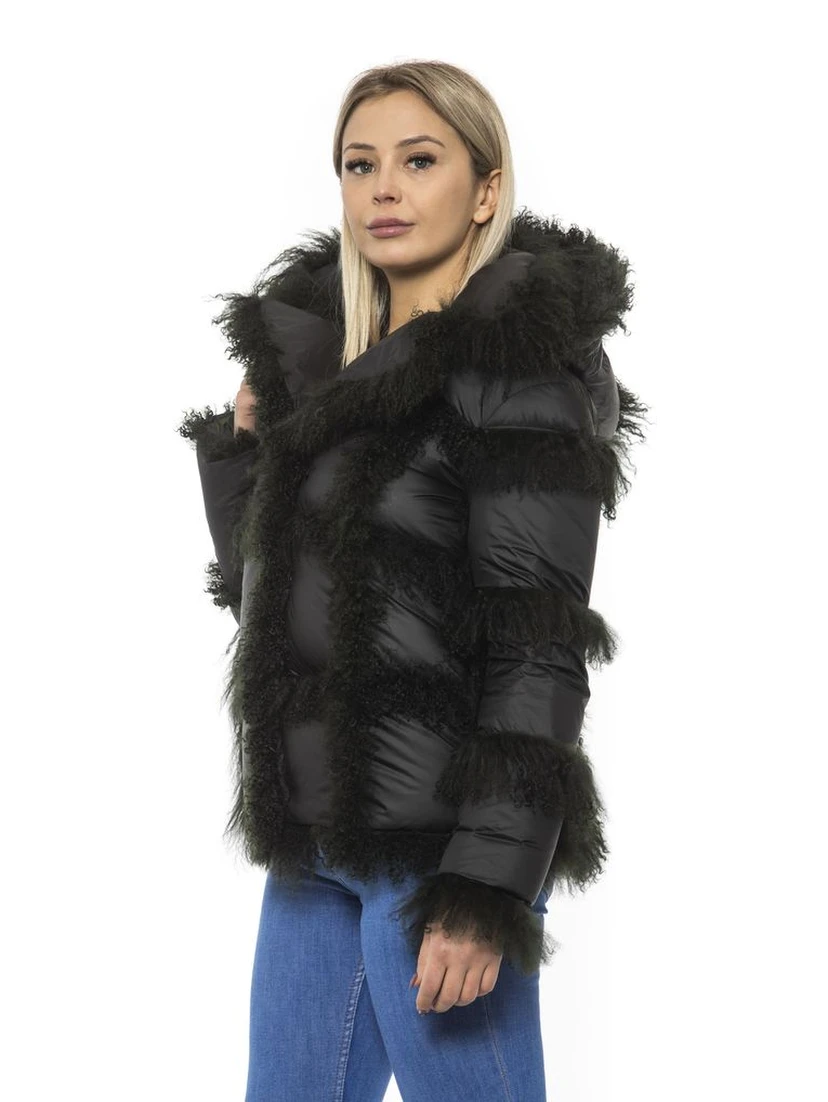 Black Poly Jacket with Lamb Fur Hood for Women