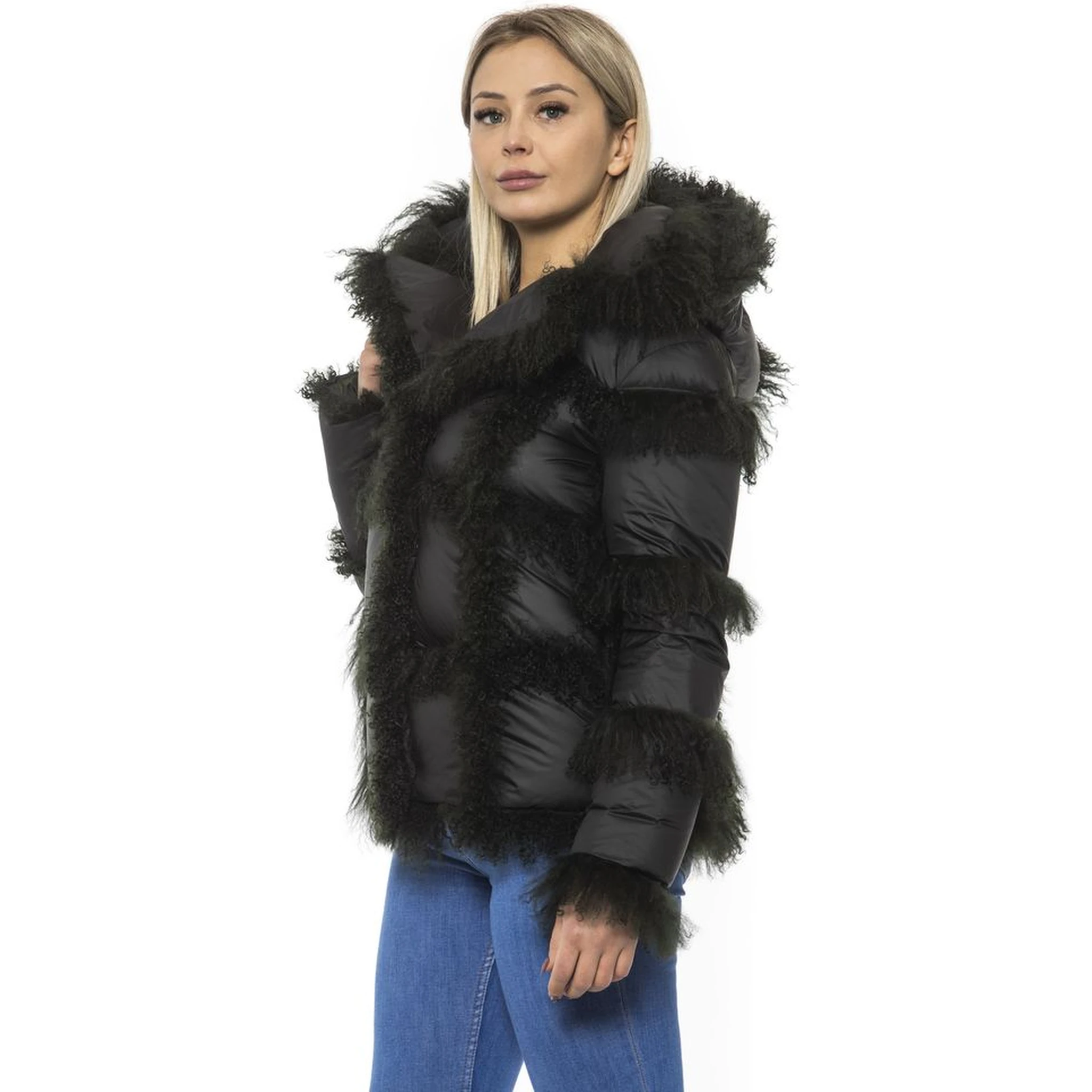 Black Poly Jacket with Lamb Fur Hood for Women