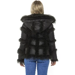 Black Poly Jacket with Lamb Fur Hood for Women