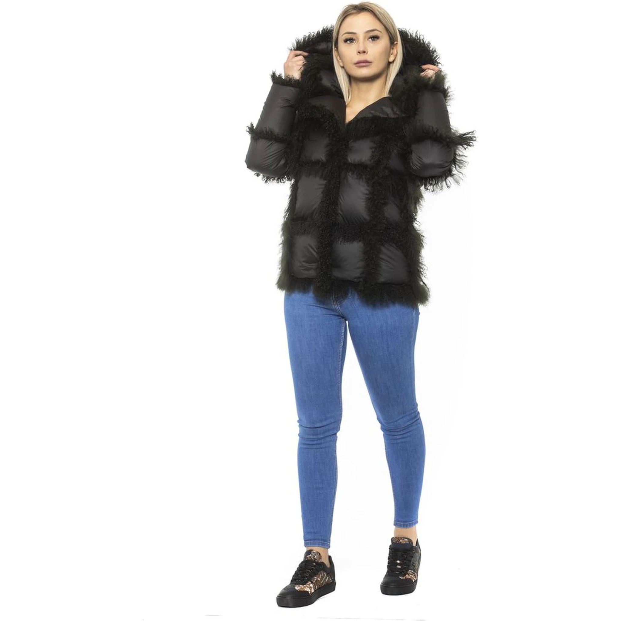 Black Poly Jacket with Lamb Fur Hood for Women
