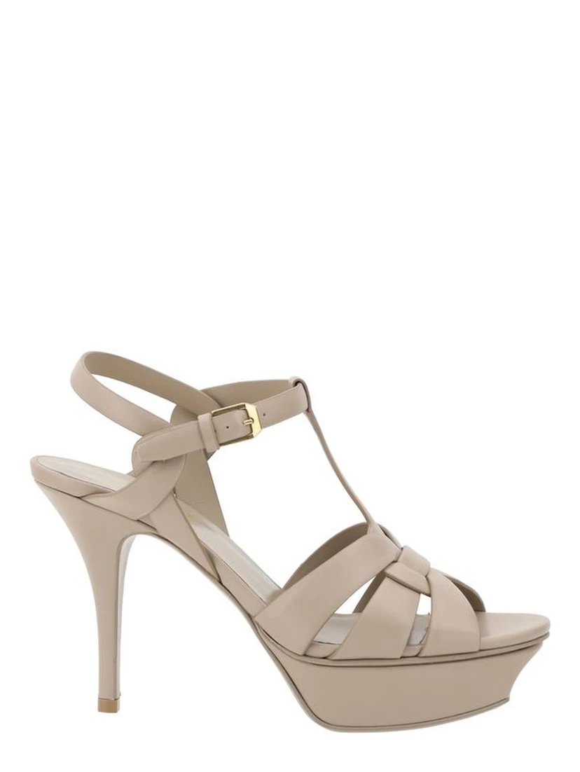 Beige Calf Leather Bos Taurus Stiletto Heel Sandals