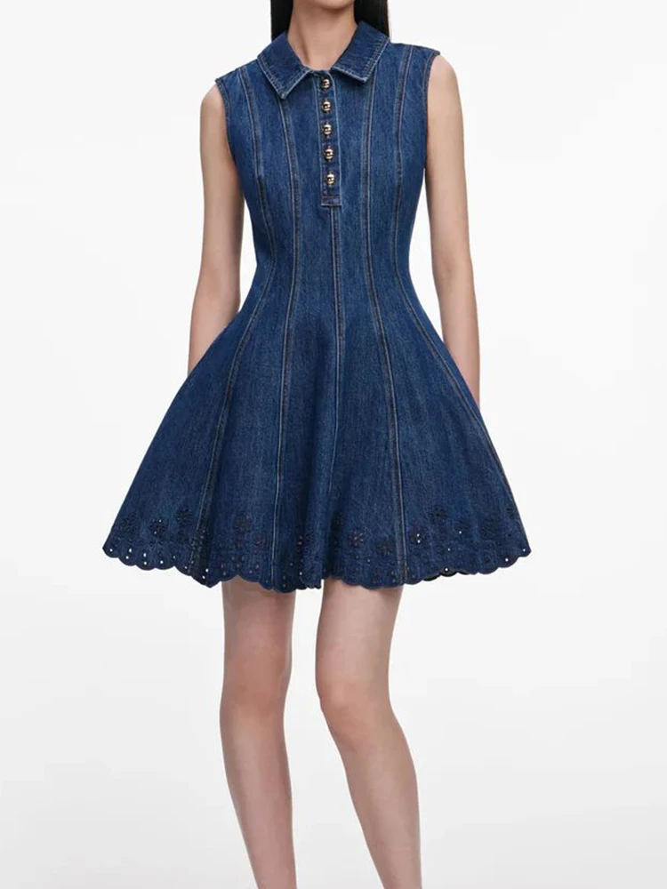 Denim broderie mini dress