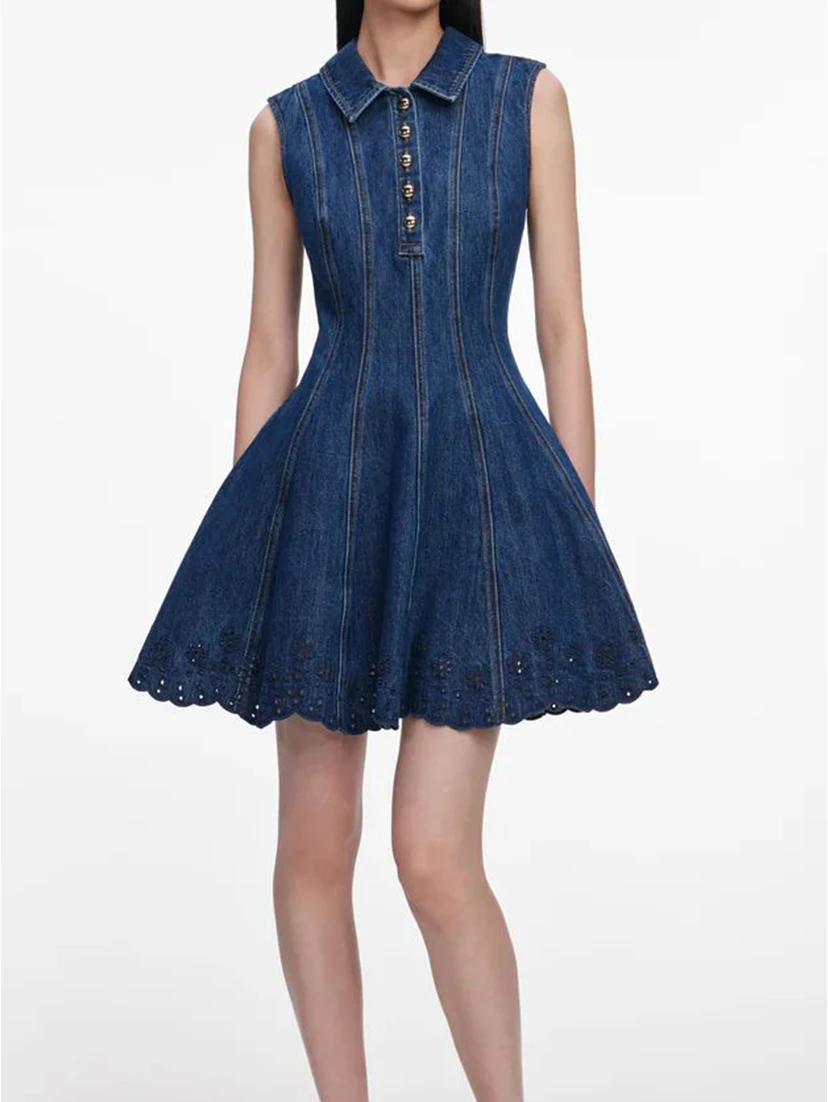 Denim broderie mini dress