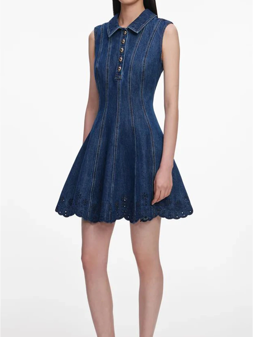 Denim broderie mini dress