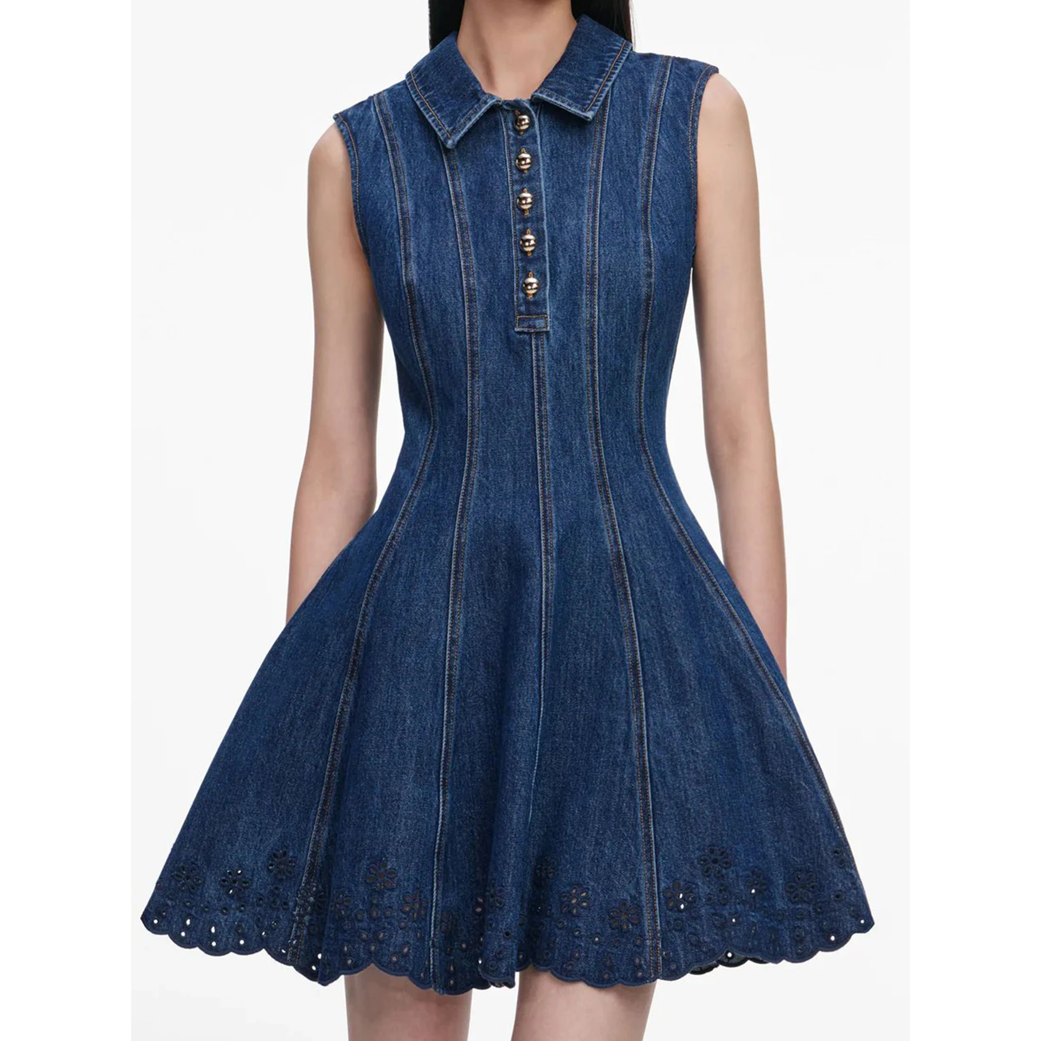 Denim broderie mini dress