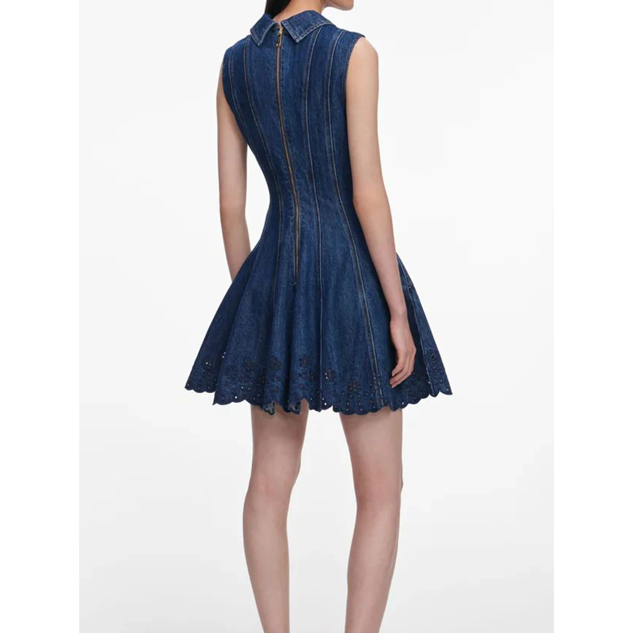 Denim broderie mini dress