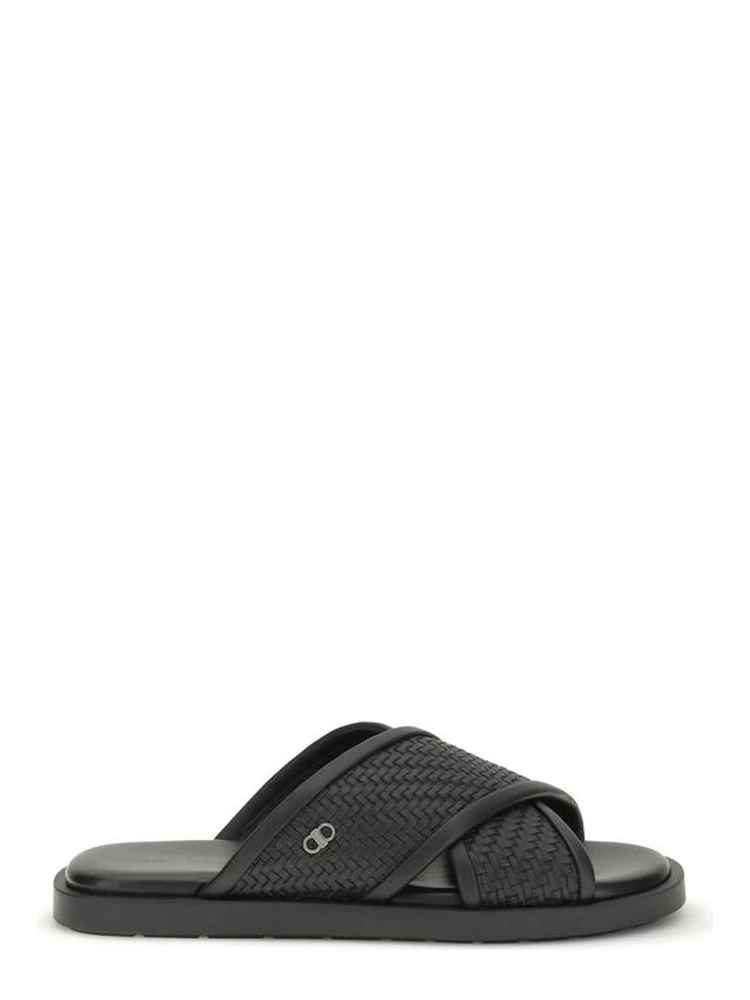 Black Calf Leather Bos Taurus Flat Sandals