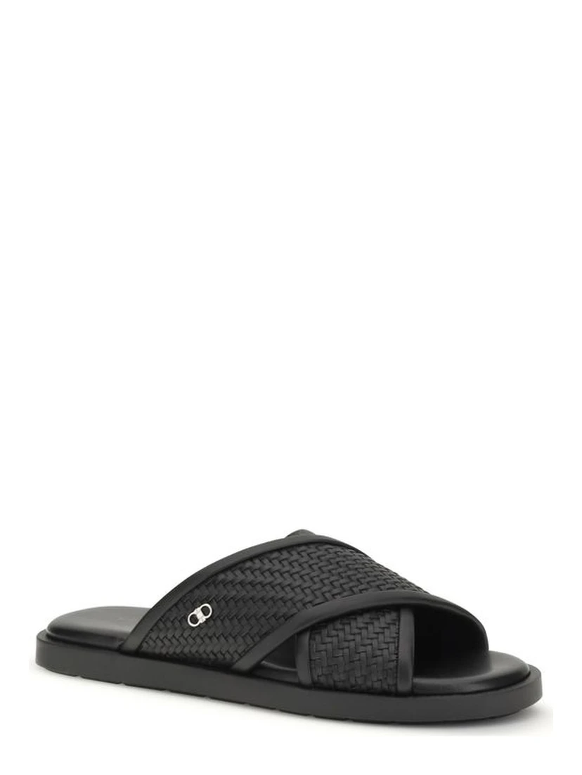 Black Calf Leather Bos Taurus Flat Sandals