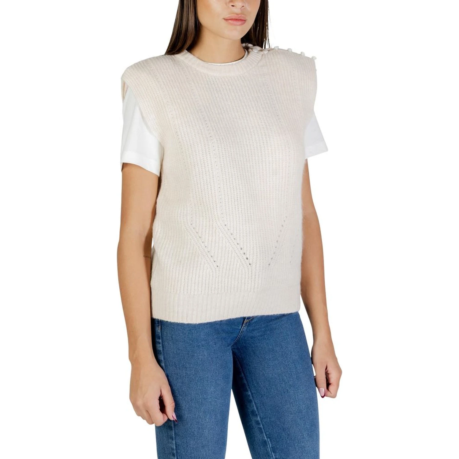Cream Polyester Sleeveles Sweater