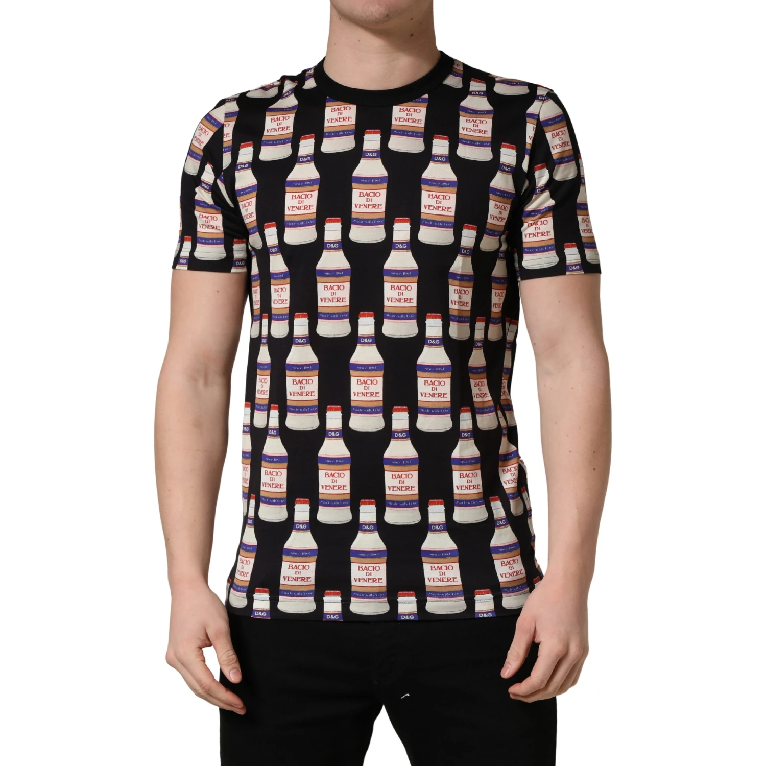 Black Bottle Print Cotton Crew Neck  T-shirt
