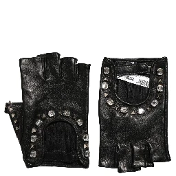 Black Embellished Wrist Length Mitten Women Gloves