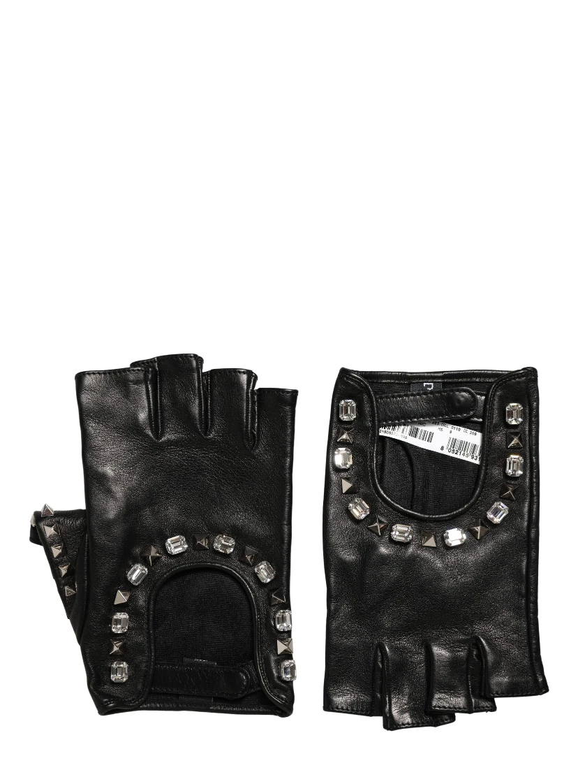 Black Embellished Wrist Length Mitten Women Gloves