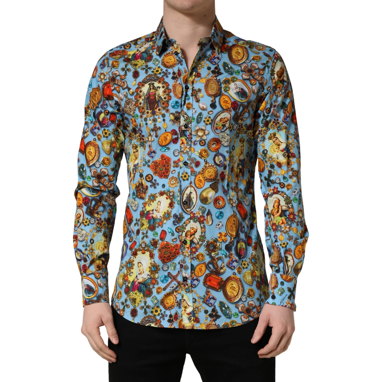 Blue Cotton Jewel Print Button Down GOLD Shirt