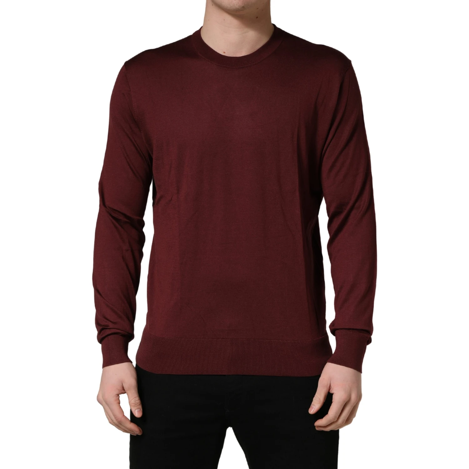 Maroon Silk Men Crew Neck Pullover Sweater
