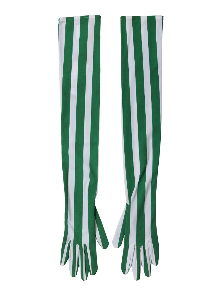 Green White Stripes Nylon Elbow Length Women Gloves