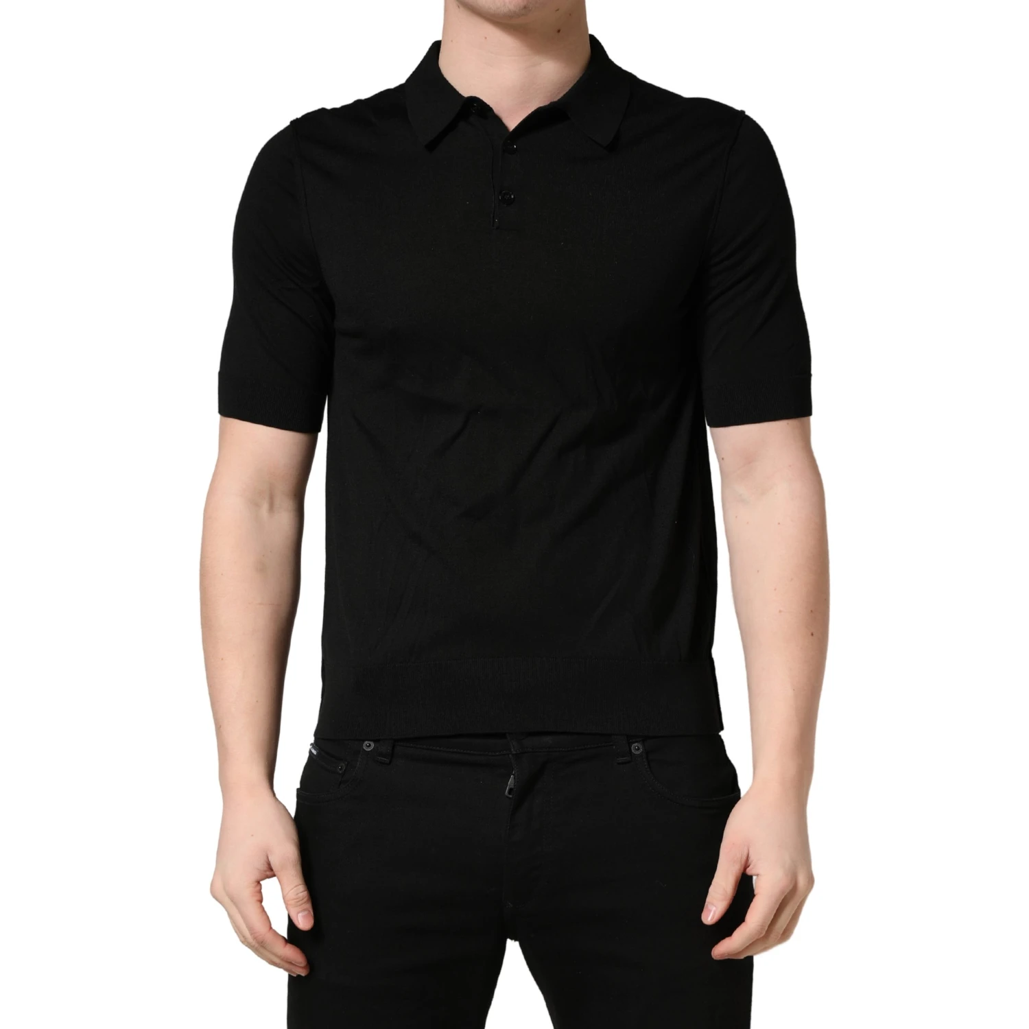 Black Wool Short Sleeves Men Polo T-shirt