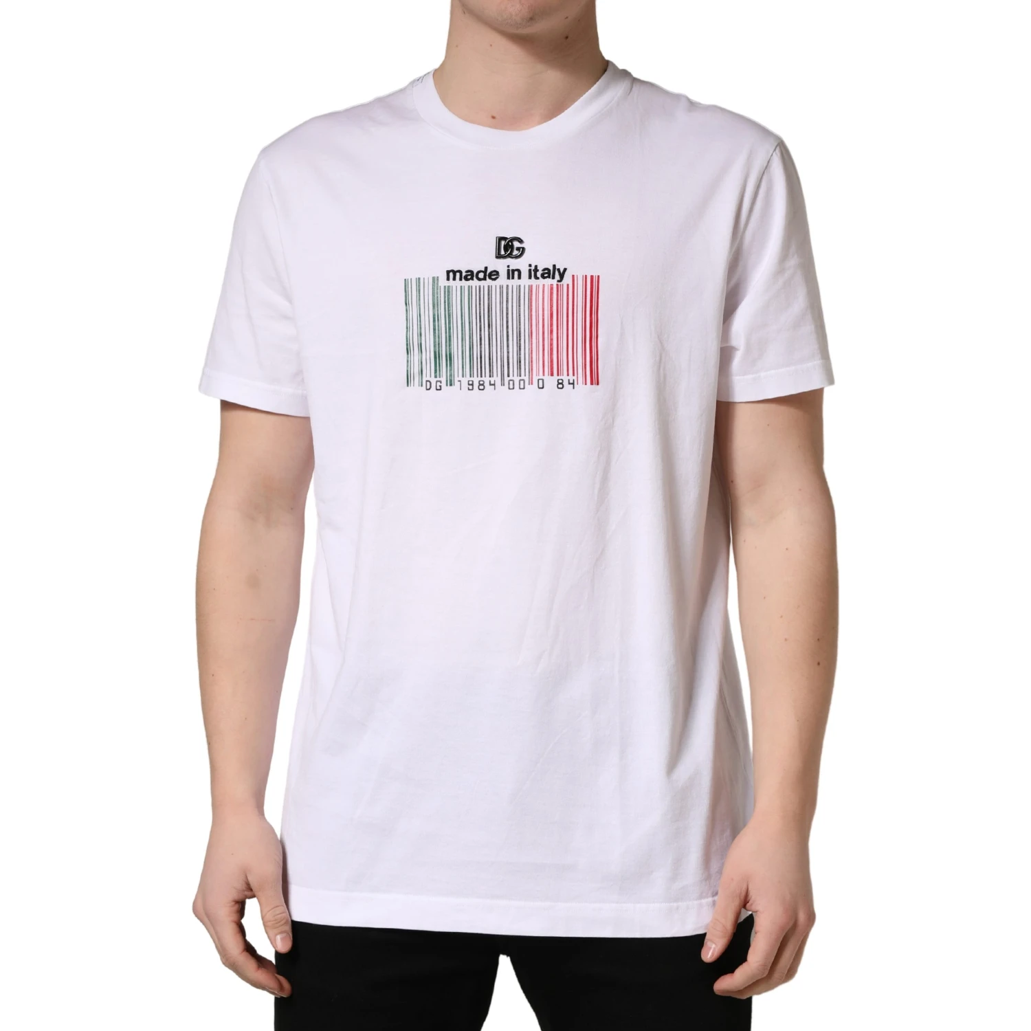 White Barcode Cotton Crew Neck Men T-shirt