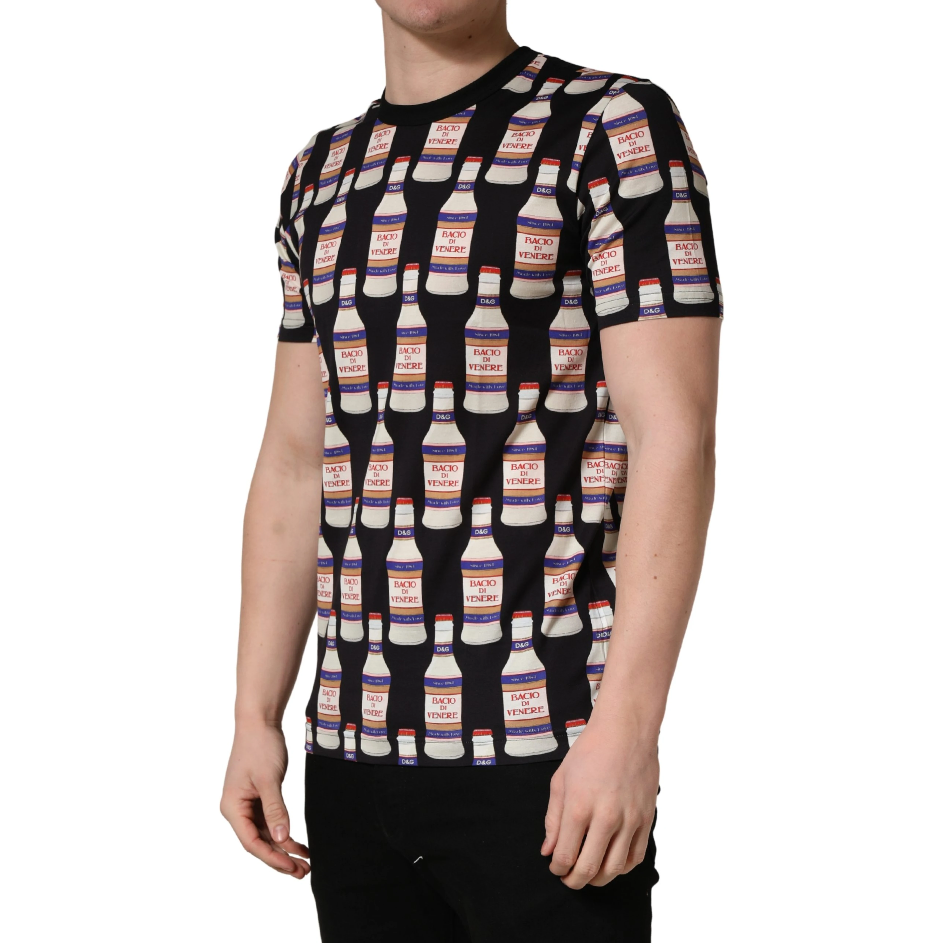 Black Bottle Print Cotton Crew Neck  T-shirt