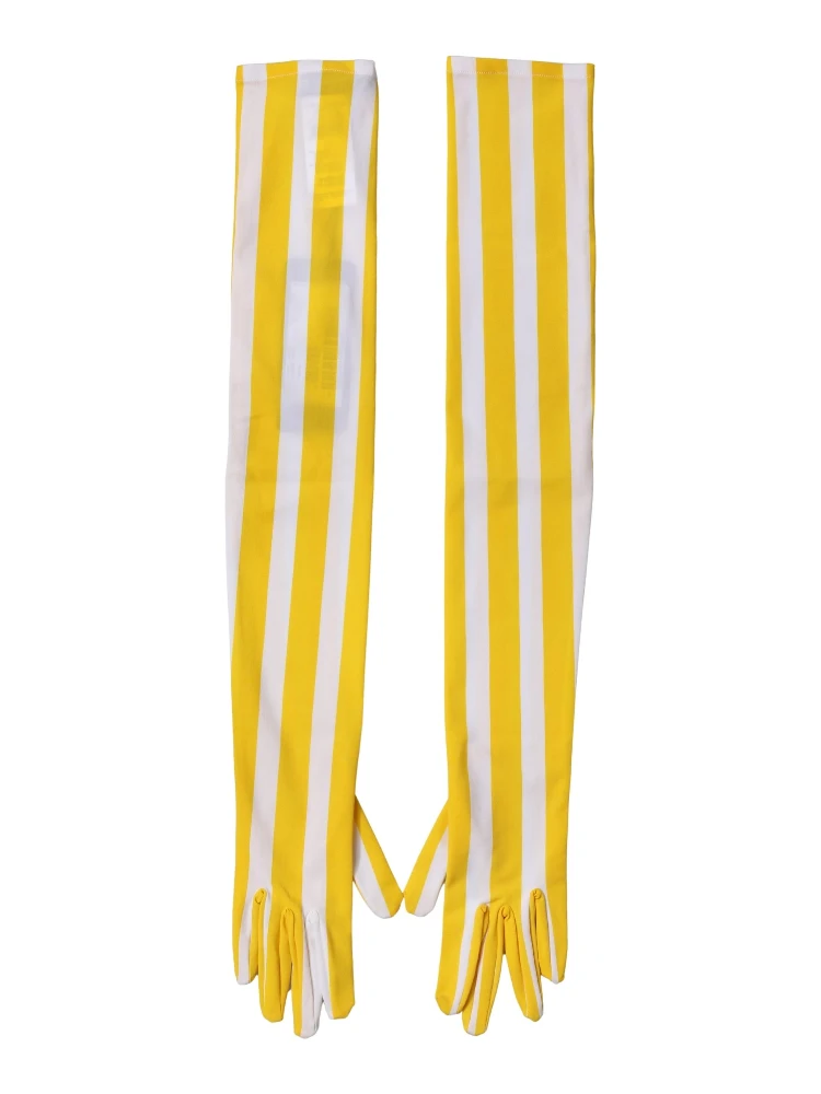 Yellow White Stripes Nylon Elbow Length Women Gloves