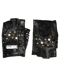 Black Embellished Wrist Length Mitten Women Gloves