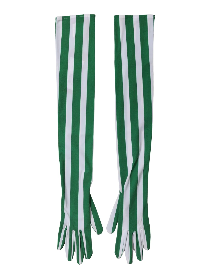 Green White Stripes Nylon Elbow Length Women Gloves