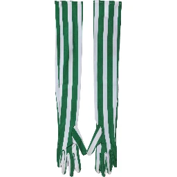 Green White Stripes Nylon Elbow Length Women Gloves