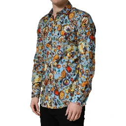 Blue Cotton Jewel Print Button Down GOLD Shirt