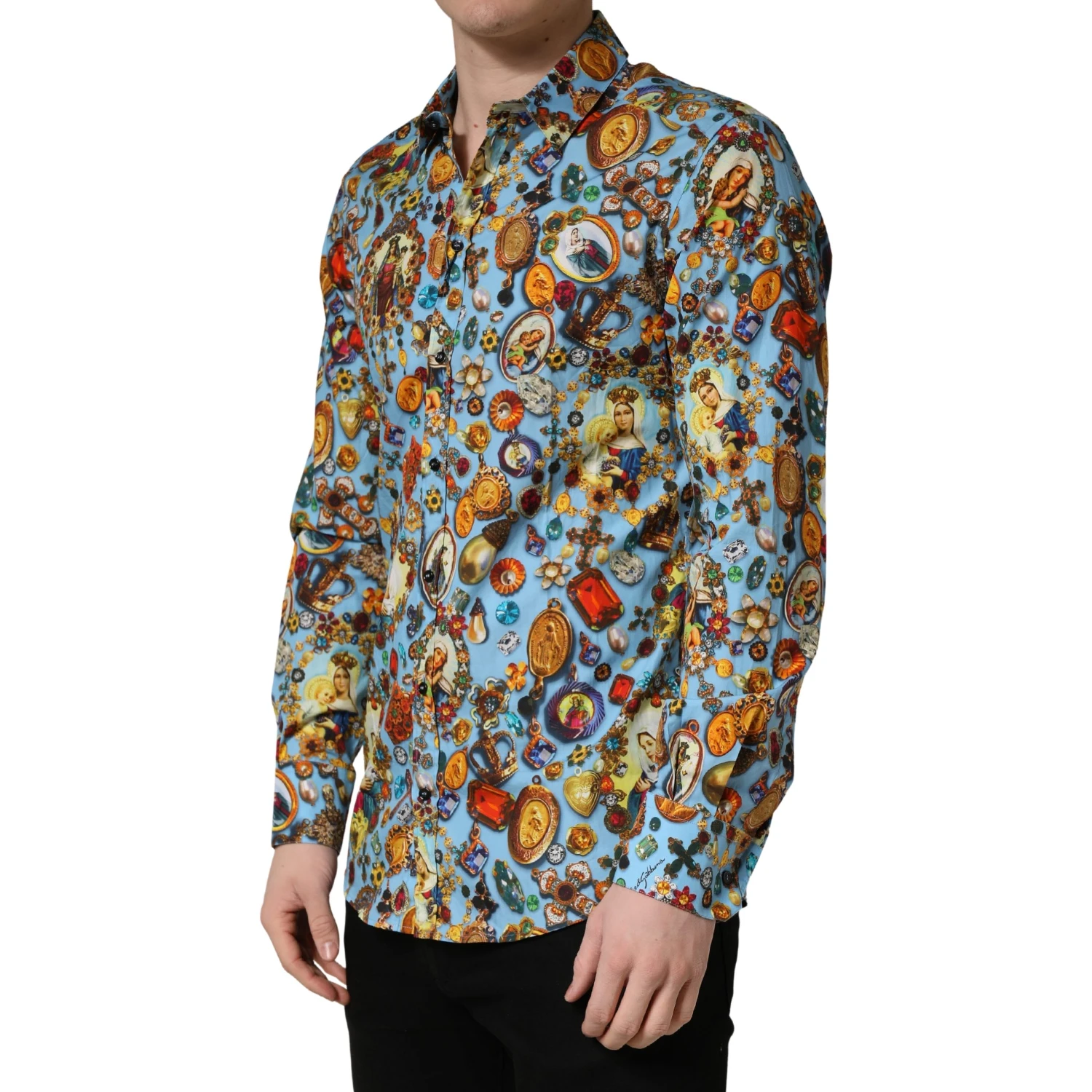 Blue Cotton Jewel Print Button Down GOLD Shirt