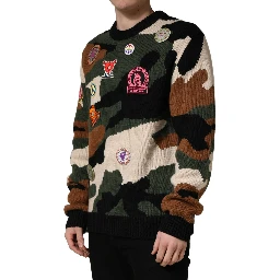 Multicolor Intarsia-Knit Camouflage Pullover Sweater