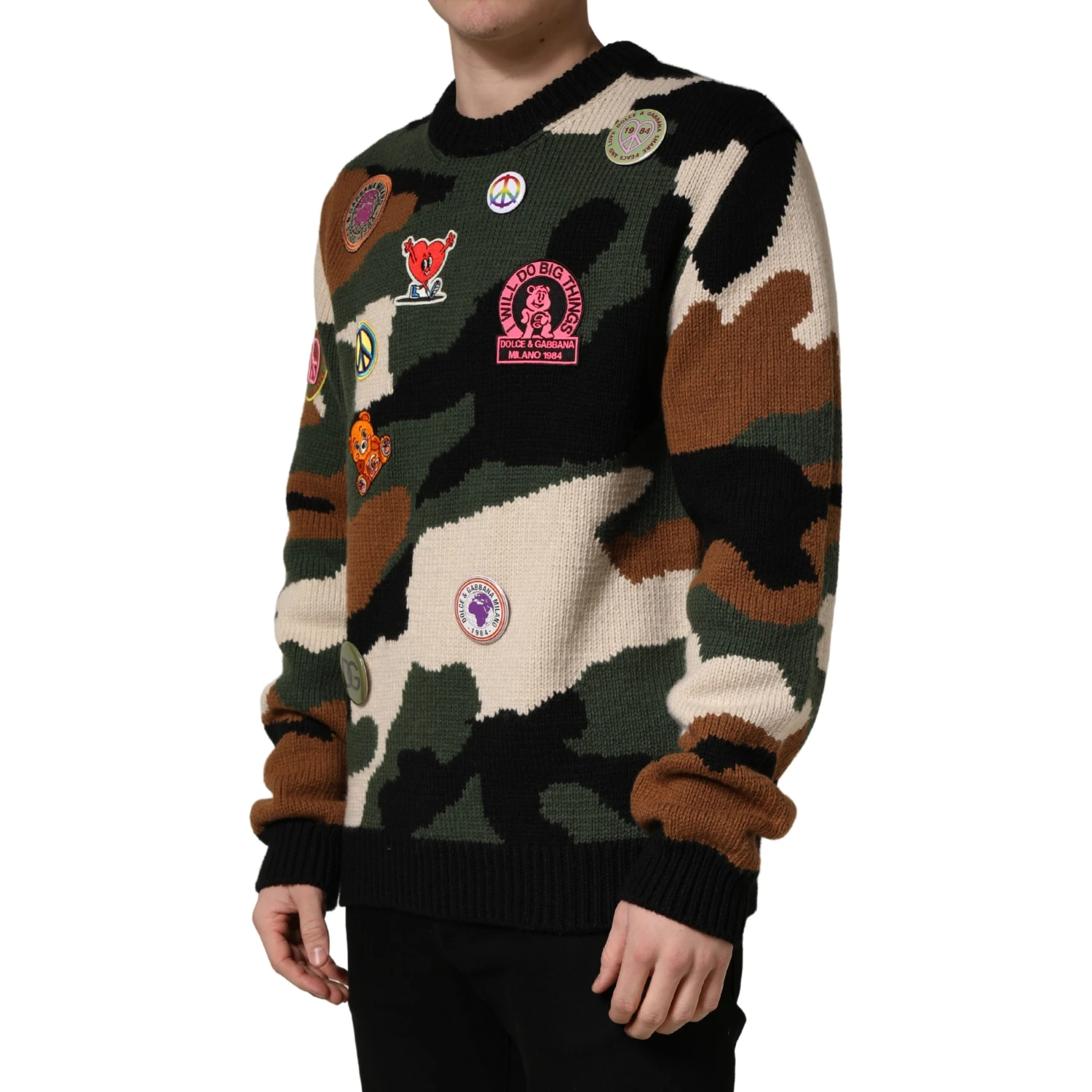 Multicolor Intarsia-Knit Camouflage Pullover Sweater
